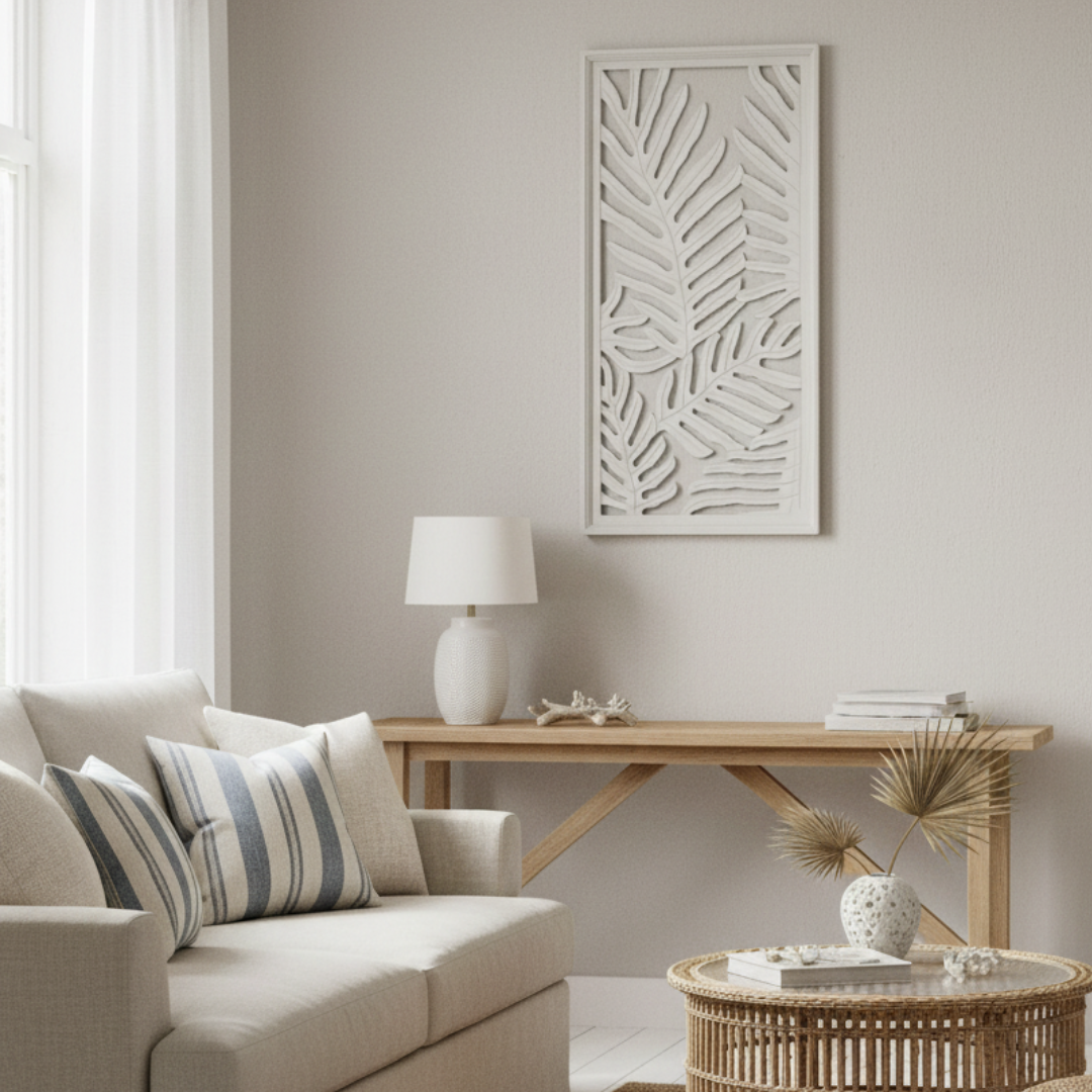 Fern palm leaf wall art panel in white wash finish styled in a coastal living room above a timber console table