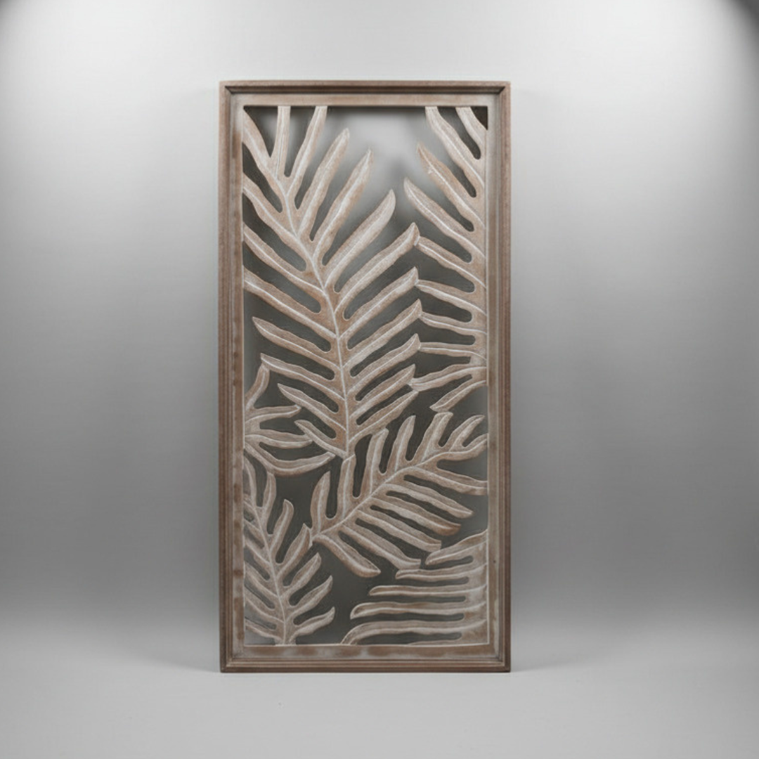 Fern wall art panel natural wash finish, warm tones on grey background