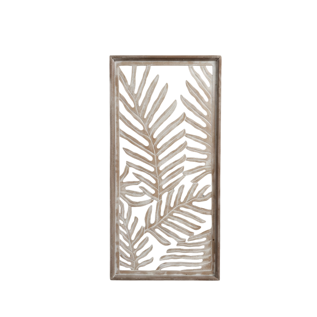Fern palm leaf carved wall art panel in white wash finish, angled view showing depth of MDF carving