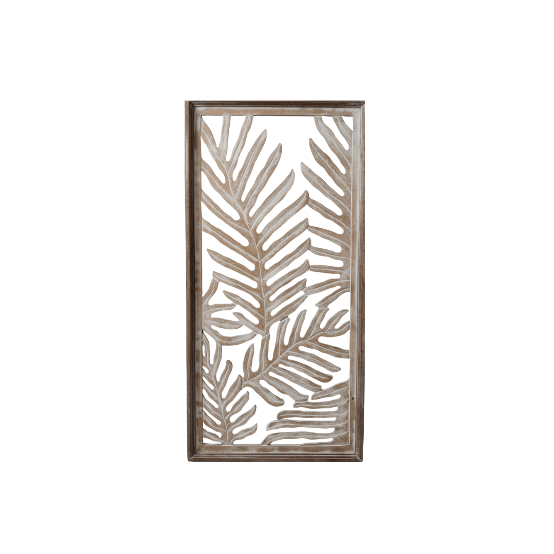White framed cutout leaf décor front view on grey background, two hanging hooks visible at top