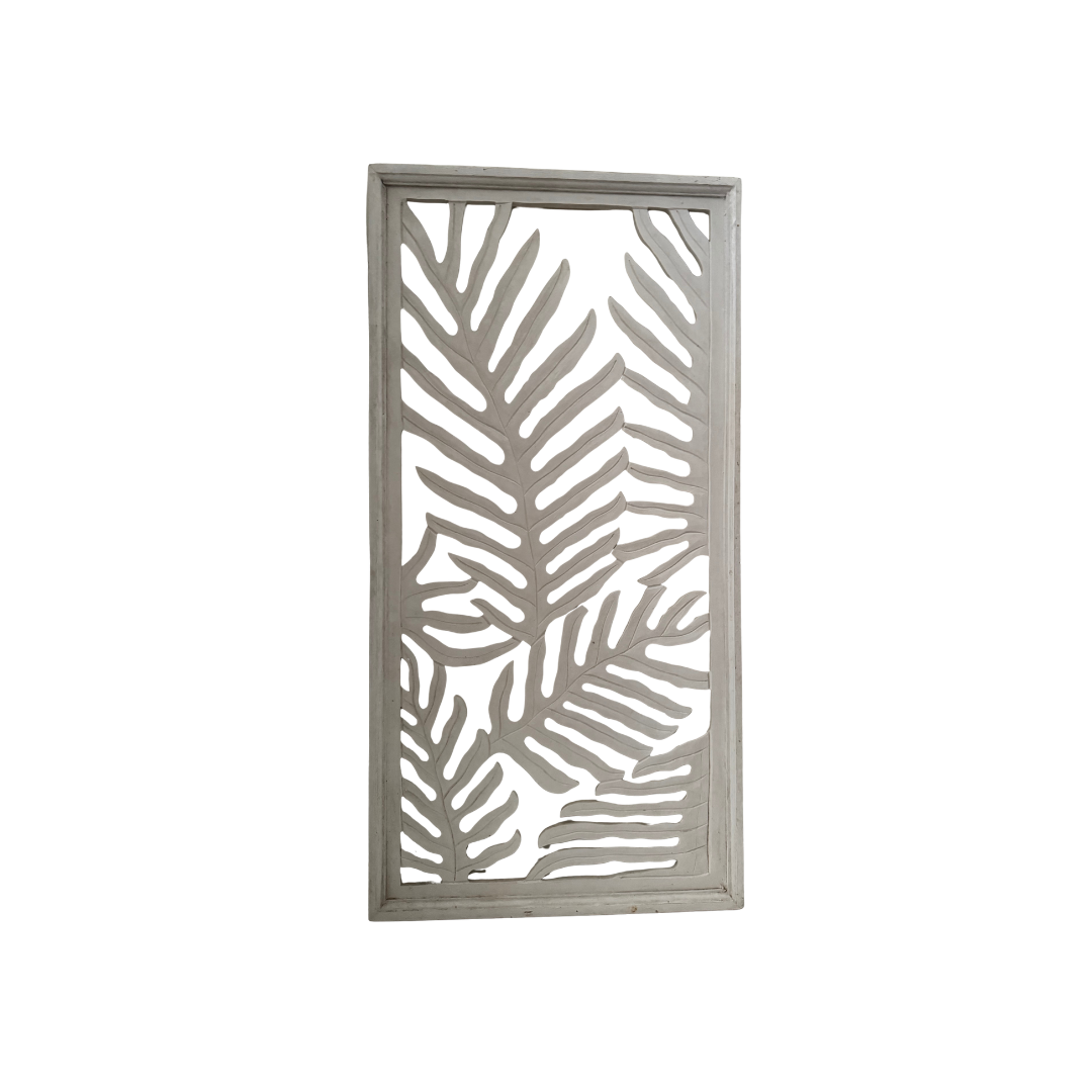 White fern leaf carved wall panel front view on white background