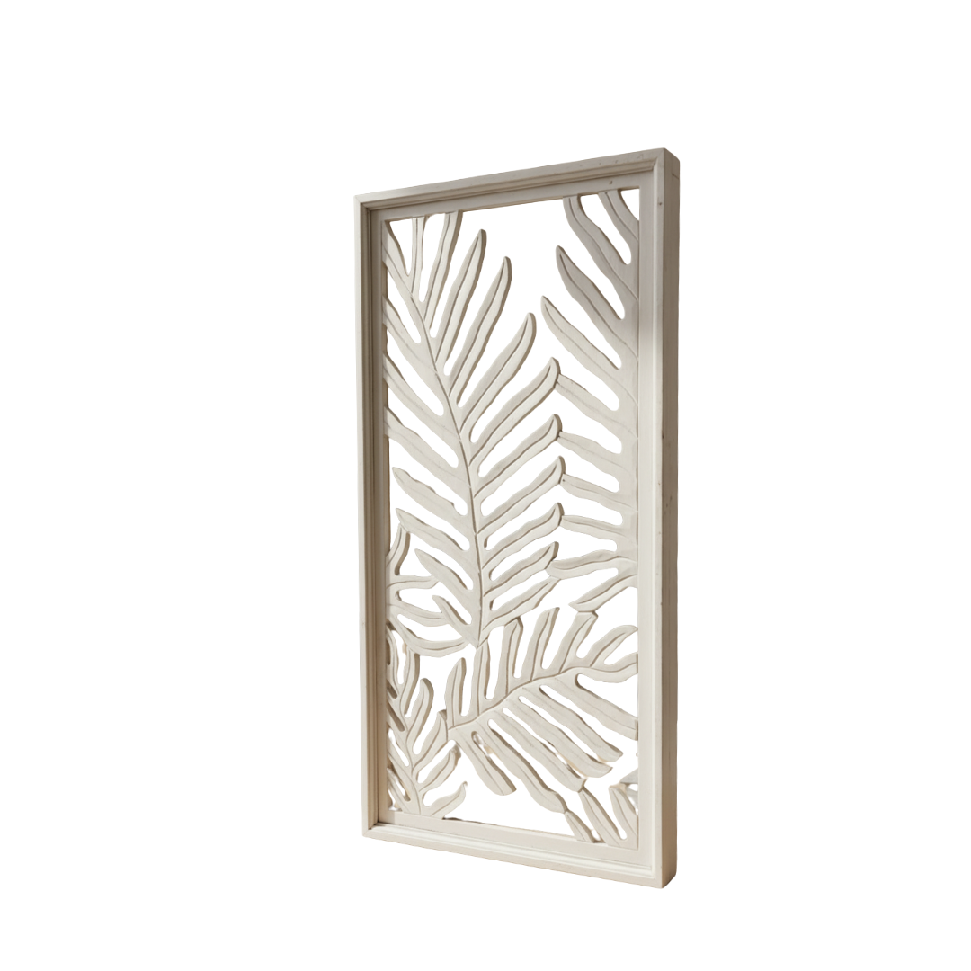 Natural wash framed cutout leaf décor front view on grey background with spotlight