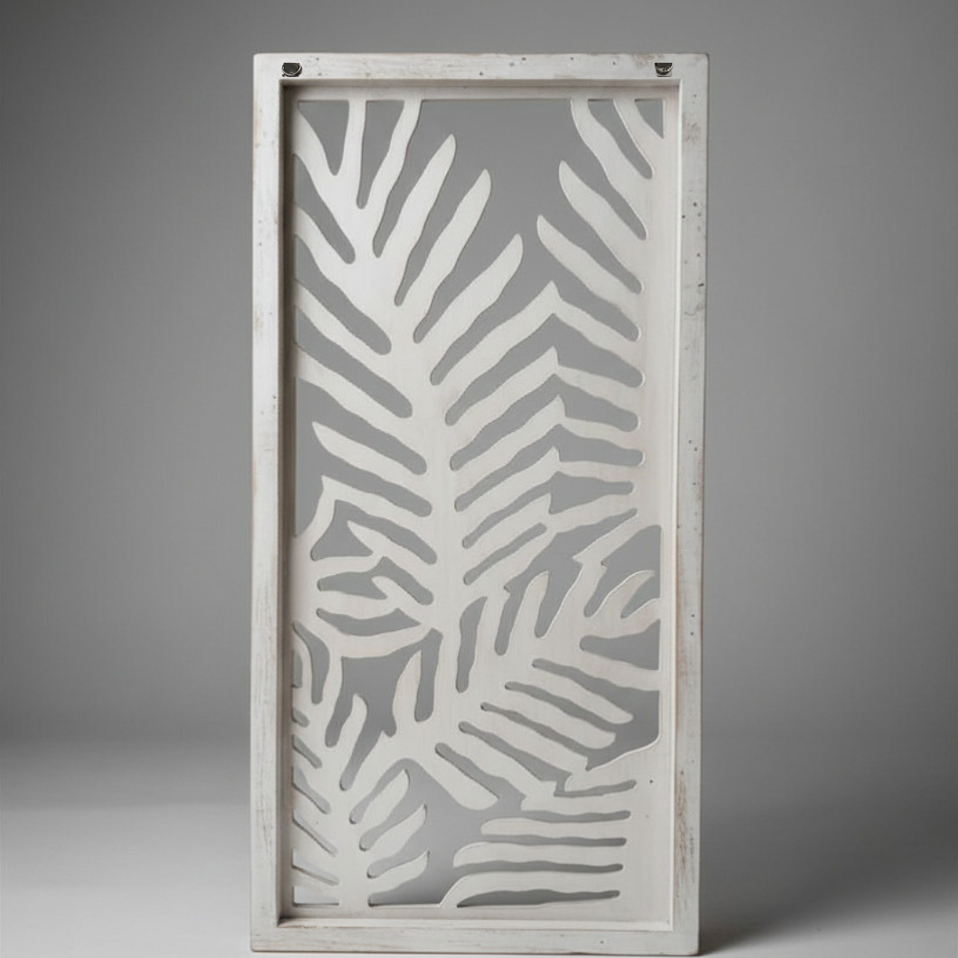 Carved MDF fern leaf wall panel detail, white finish on white background
