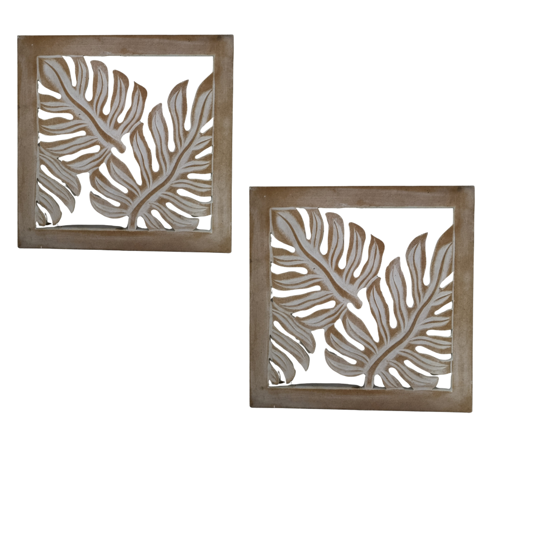 Two Natural Wash Fern Wall Art MDF panels with botanical fern leaf design displayed on a white background