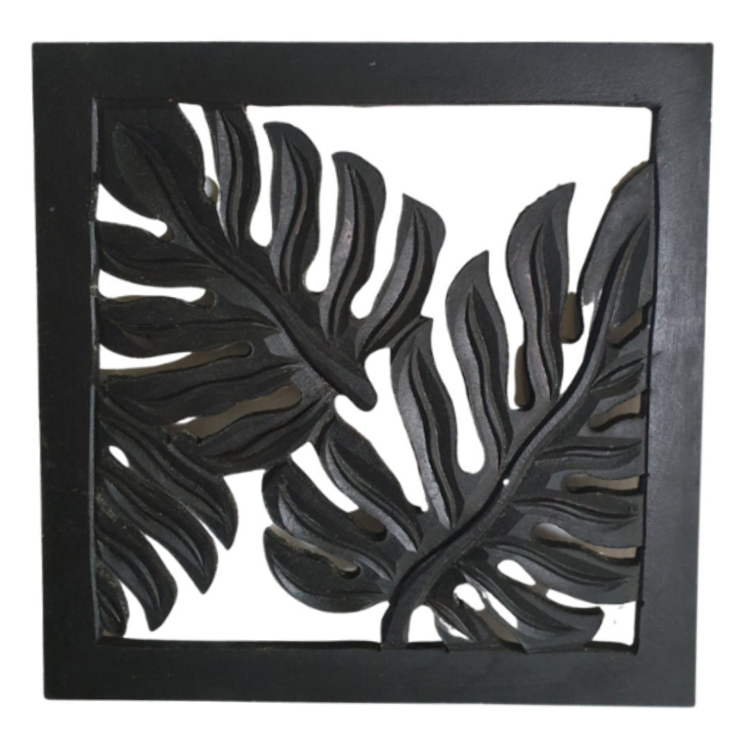 Fern Wall Art in Black finish, 30x30cm MDF wood square panel with tropical fern leaf design, on white background