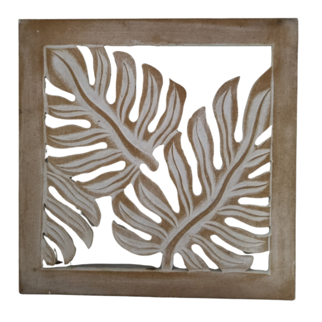 Fern Wall Art in Natural Wash finish, 30x30cm MDF wood square panel with botanical fern leaf design, on white background
