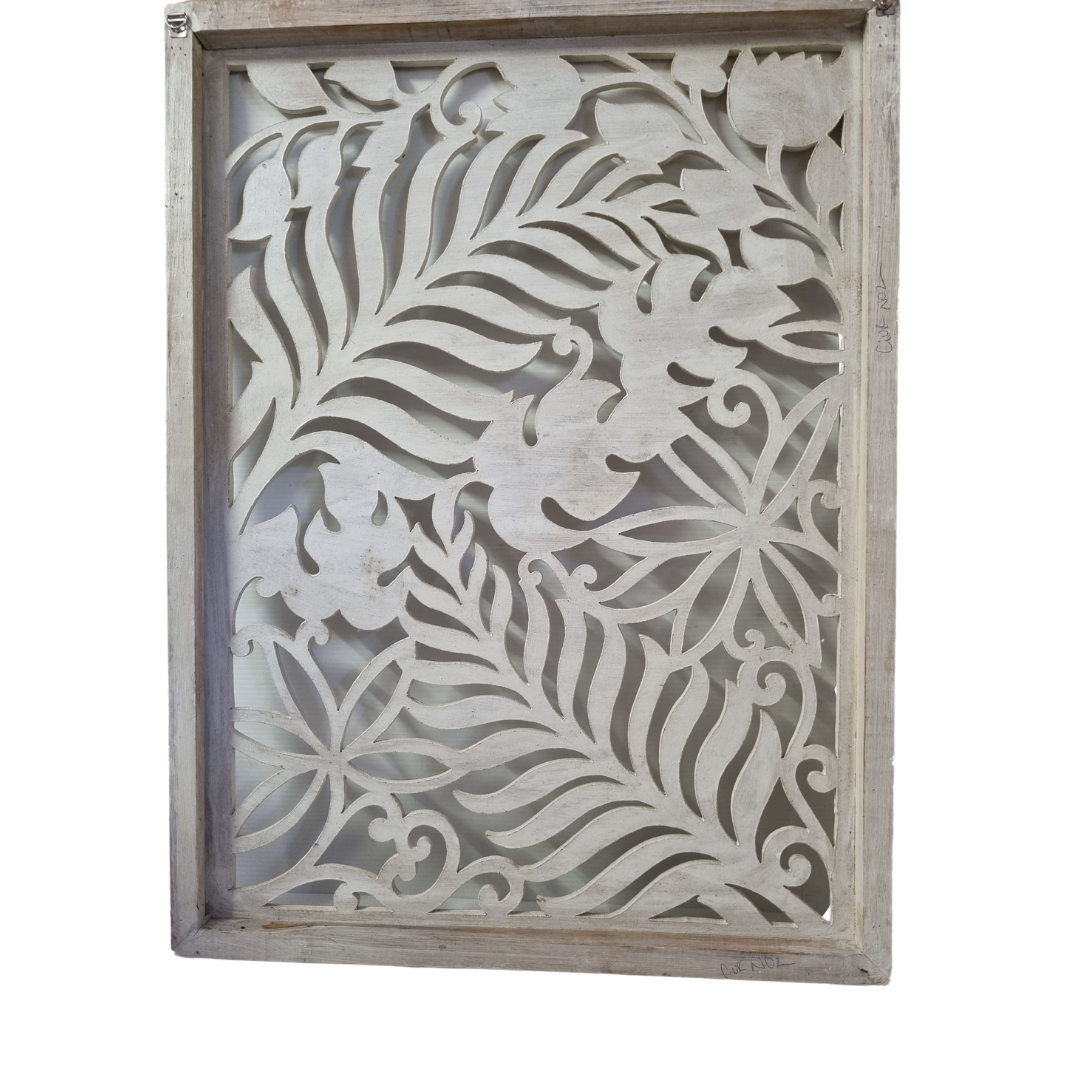 Back view of hand-carved whitewash timber wall panel showing natural wood frame, hanging hardware and raw timber construction