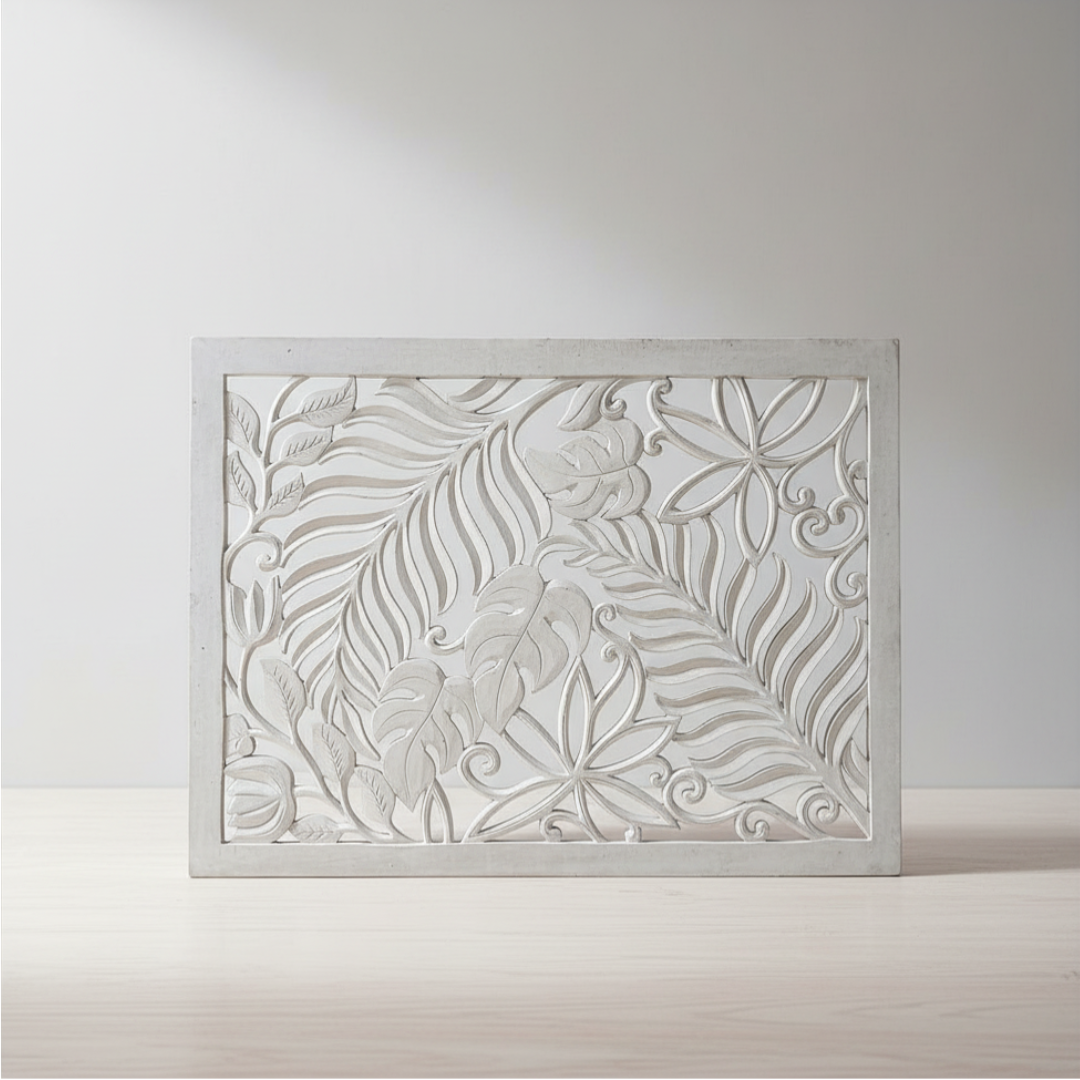 Fern carving whitewash wall art panel with tropical fern, monstera and lotus cutout design