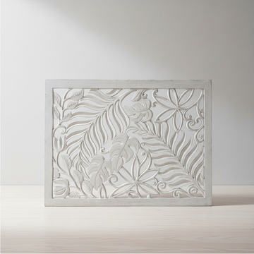 Fern carving whitewash wall art panel with tropical fern, monstera and lotus cutout design