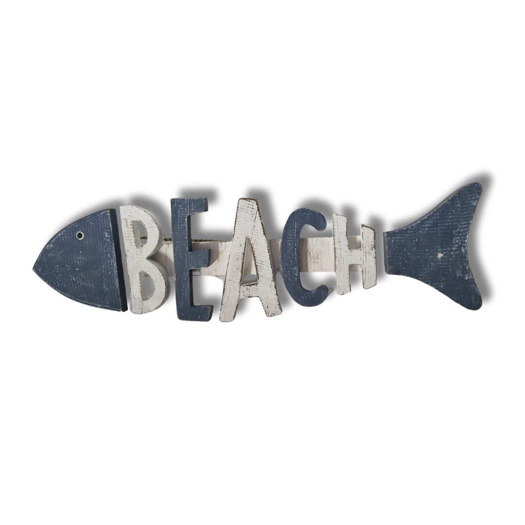 Fish carved beach sign in blue and white distressed finish, product shot on white background