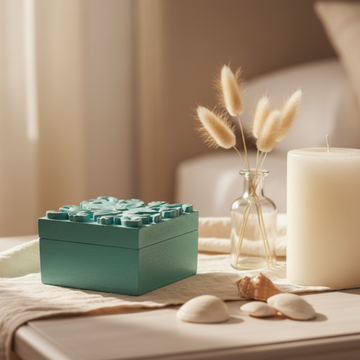 Teal square decorative box with carved lid detail, angled view on white background