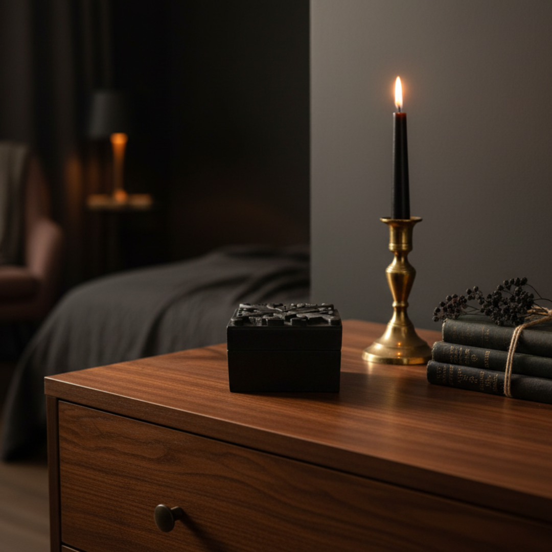 matt black dark timber dresser with brass candle holder, stacked books, and dried botanicals