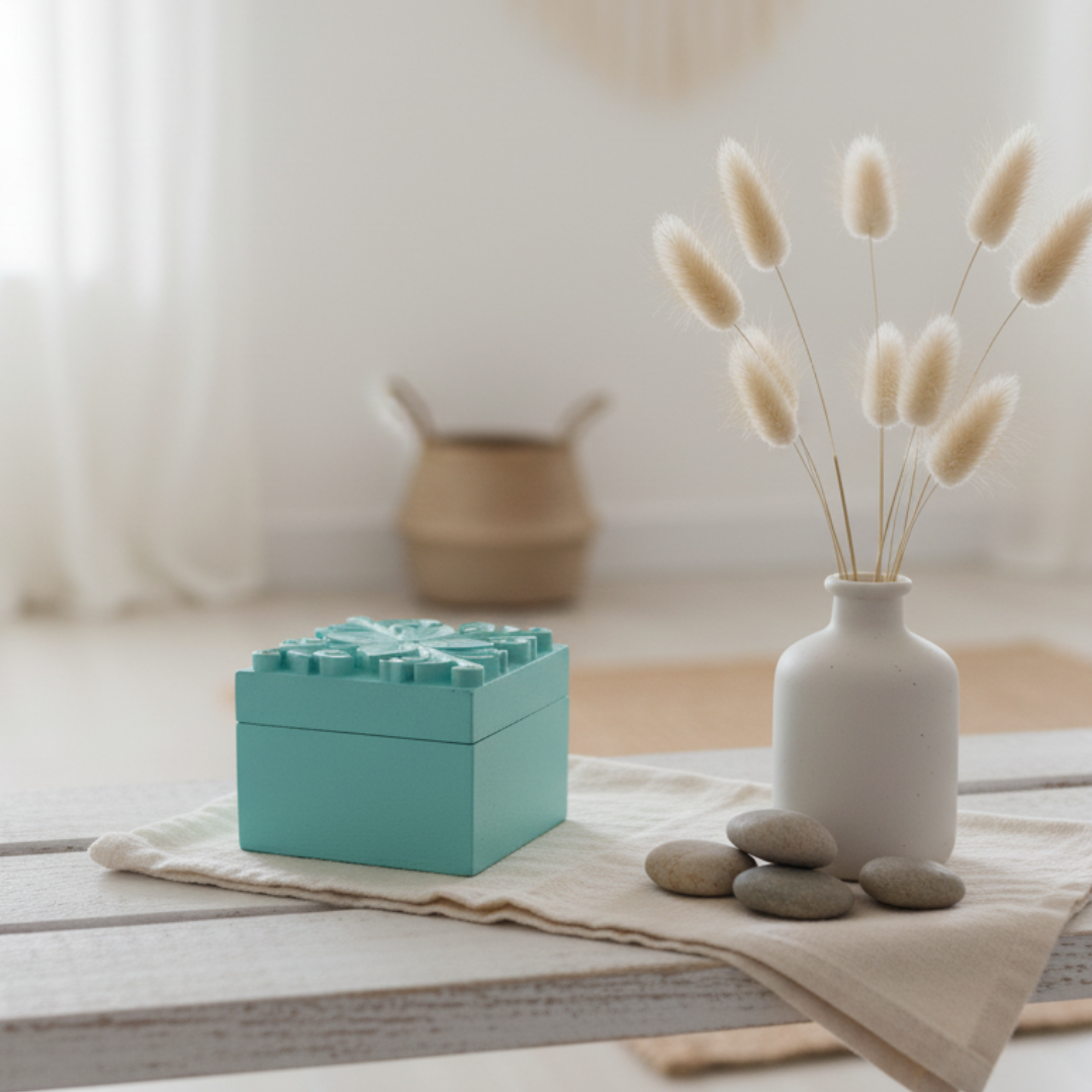 Floral Blossom Trinket Box in teal styled on a coastal bedside table with a white candle, pampas grass, and shells