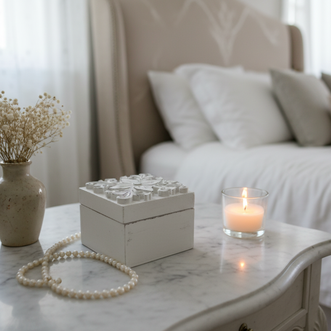vintage white on a marble bedside table with dried white flowers, pearl necklace, and tea light