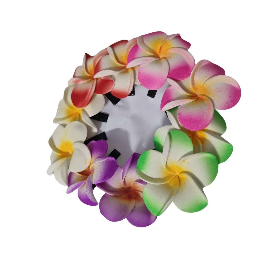 Frangipani Hair Clips Pack B – 10 foam frangipani hair clips in green, pink, purple, white and red arranged in a circle on white background