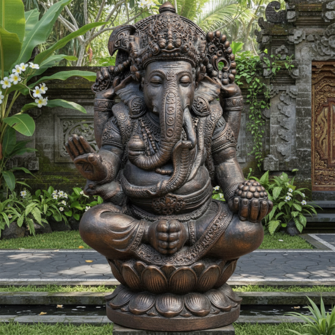 Bronze statue of a deity in a garden setting with greenery and a stone pathway.