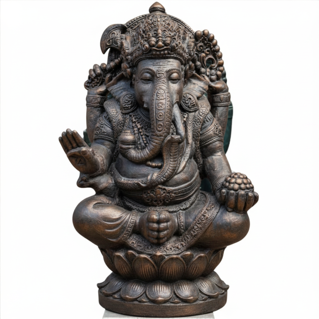 Ganesh Serenity Garden Statue in rustic bronze finish — view showing intricate carved detail on a white background