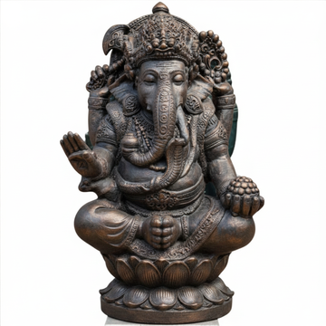 Ganesh Serenity Garden Statue in rustic bronze finish — view showing intricate carved detail on a white background