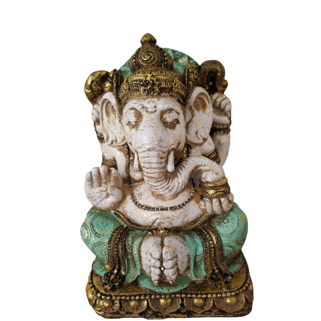 A vintage style Ganesh statue sculpture in multicolor, with a base, depicting the Hindu god Ganesha in a seated position with his hands in a praying gesture.