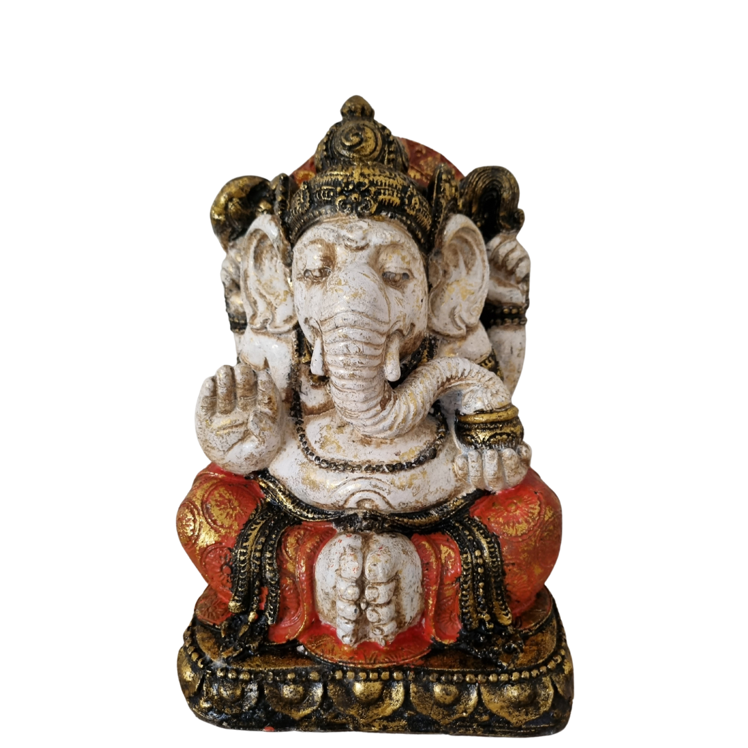 A vintage style Ganesh statue sculpture in multicolor, with a base, depicting the Hindu god Ganesha in a seated position with his hands in a praying gesture.