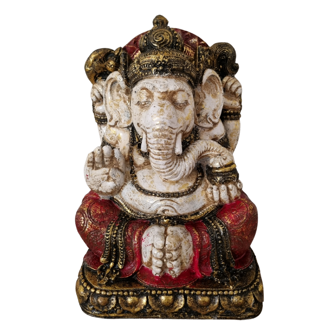 red statue:
Vintage-style Ganesh statue in turquoise with gold accents, seated with one hand raised in a blessing gesture.