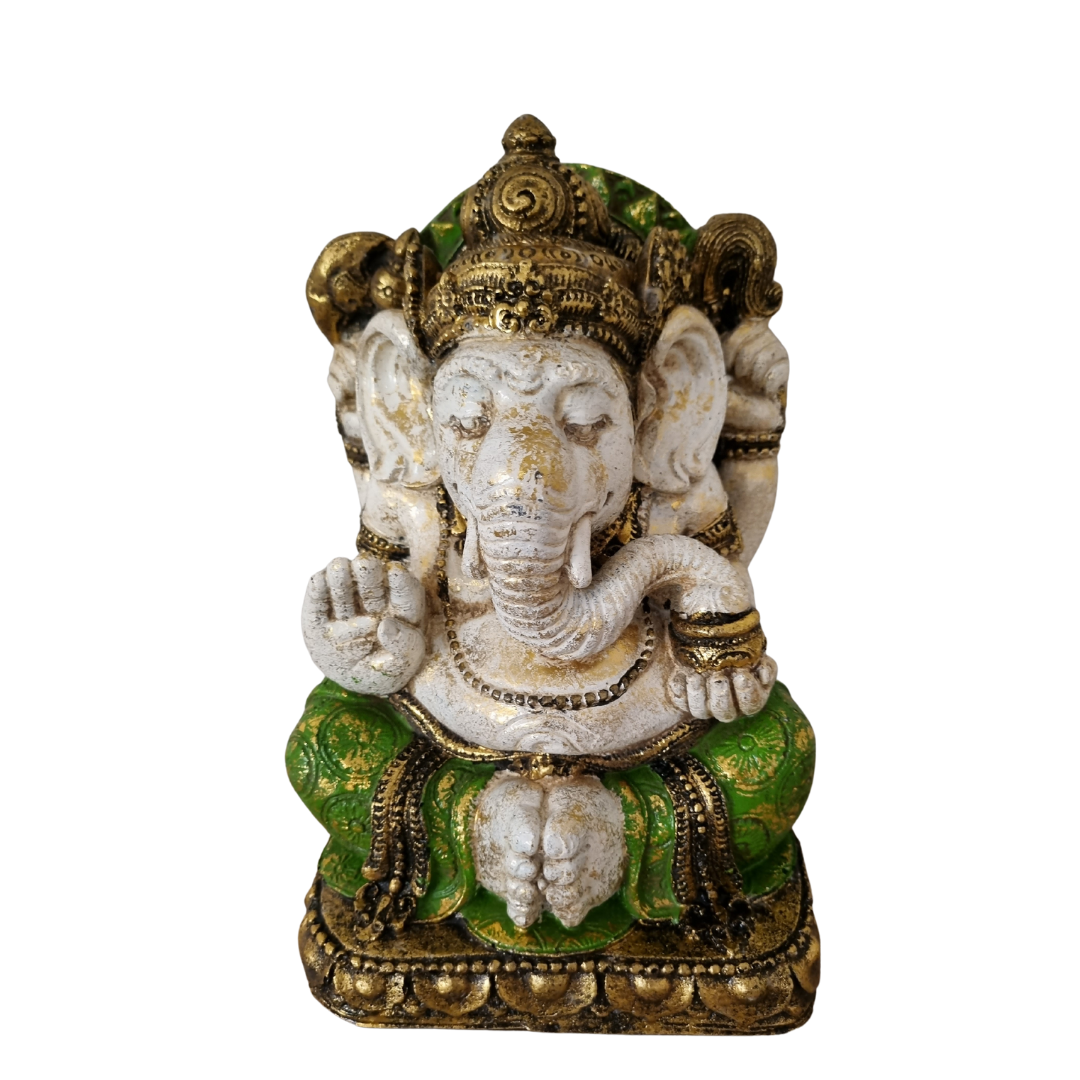 green statue:
Vintage-style Ganesh statue in turquoise with gold accents, seated with one hand raised in a blessing gesture.