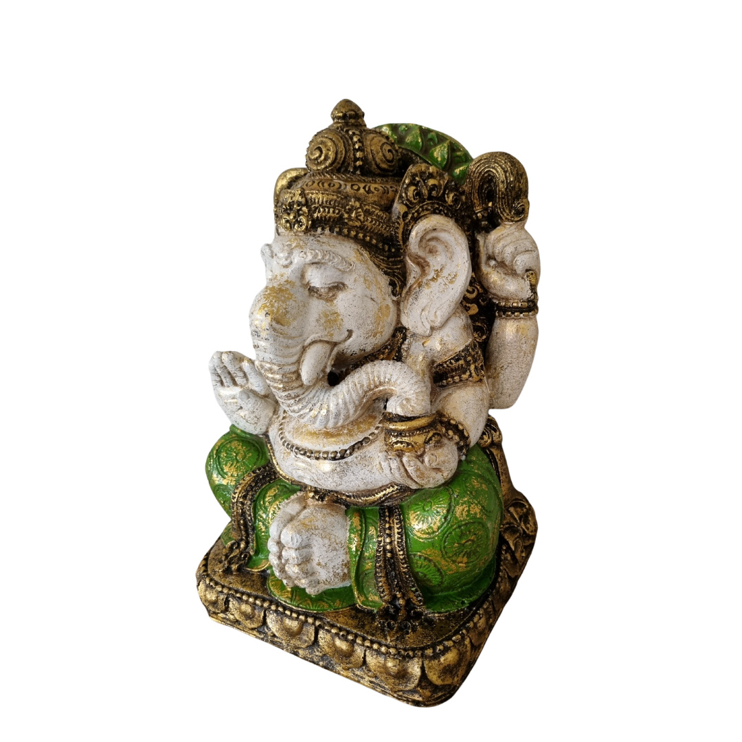Greenstatue:
Vintage-style Ganesh statue in turquoise with gold accents, seated with one hand raised in a blessing gesture.