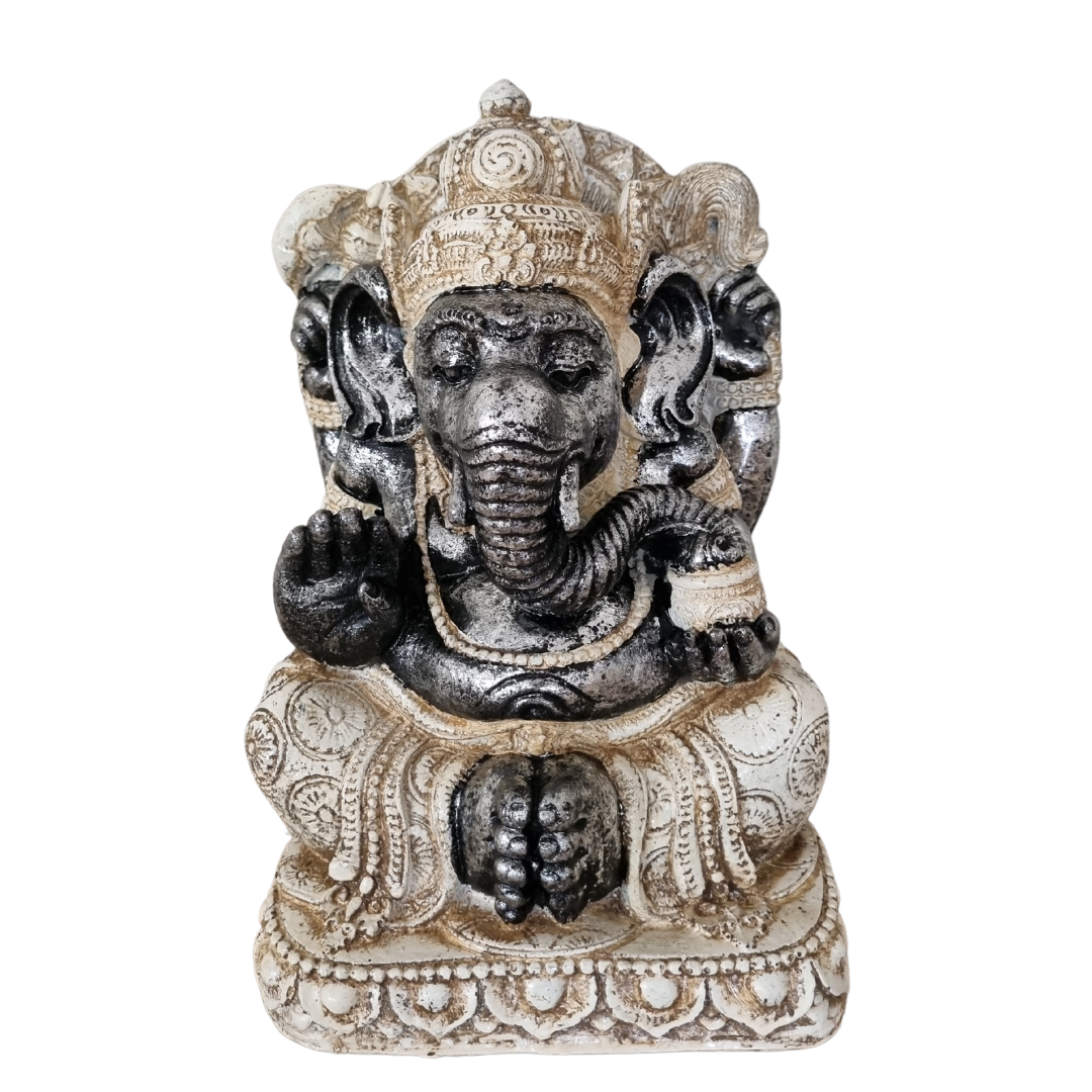 A vintage style Ganesh statue sculpture in multicolor, with a base, depicting the Hindu god Ganesha in a seated position with his hands in a praying gesture.