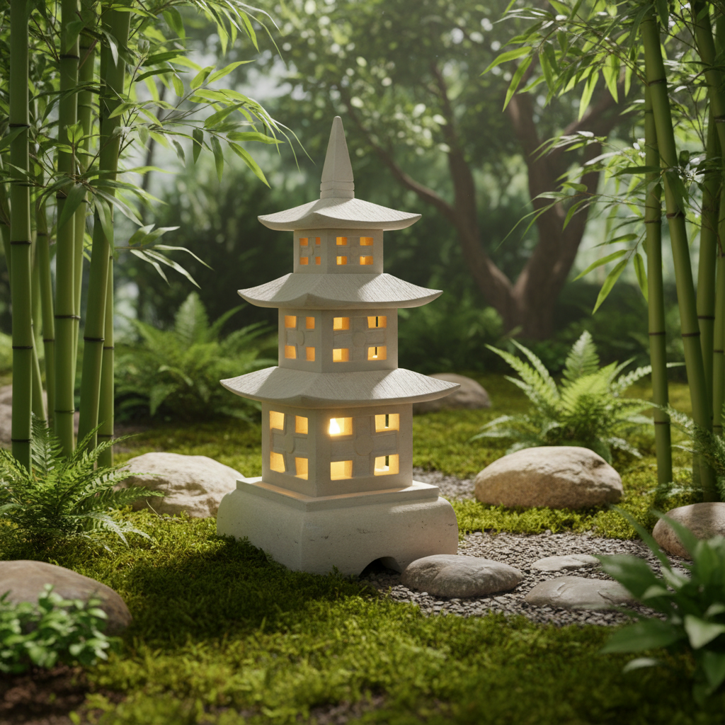 A 70cm high pagoda-style garden lantern with warm glowing lights, placed in a serene mossy garden with bamboo, rocks, and ferns.