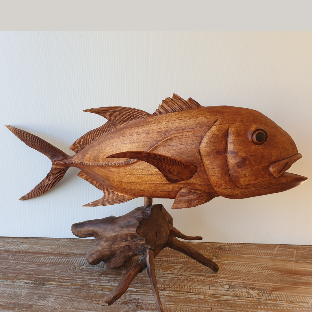 Giant Trevally wooden fish carving on driftwood stand – displayed on timber floor against white wall, handcrafted coastal sculpture 80cm