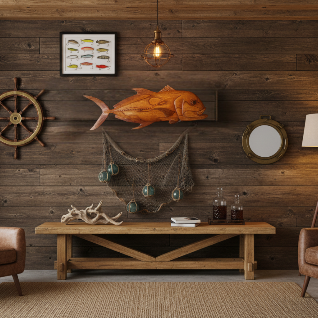 Giant Trevally wooden fish carving wall-mounted in a coastal man cave – rustic timber wall with nautical décor