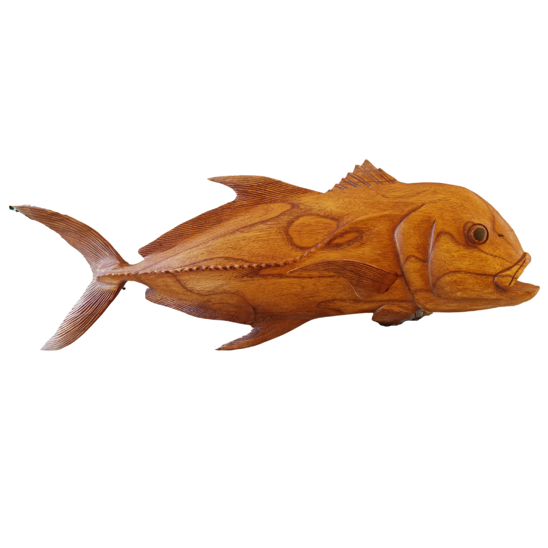 Giant Trevally wooden fish carving – wall-hanging variant facing left, full body view with amber Suar wood finish