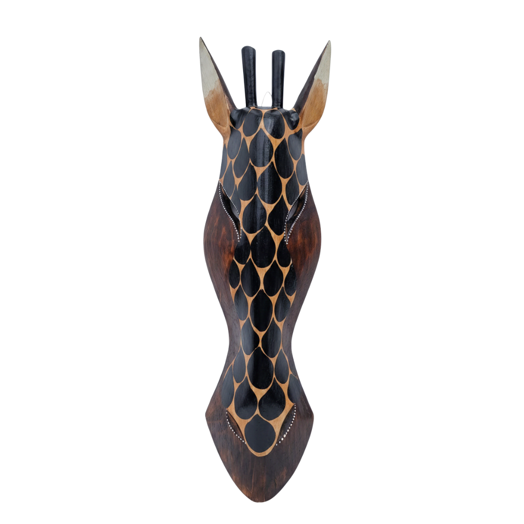 Dark brown and black wooden giraffe mask front-facing product shot on white background