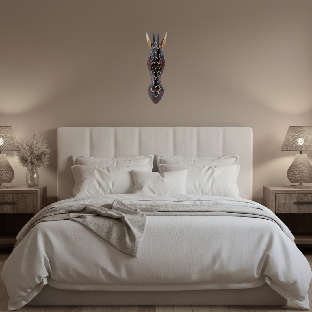 A modern bedroom scene featuring a bed dressed in white linens, flanked by matching bedside tables and lamps, with a colorful geometric wall art piece mounted on the wall above the headboard.