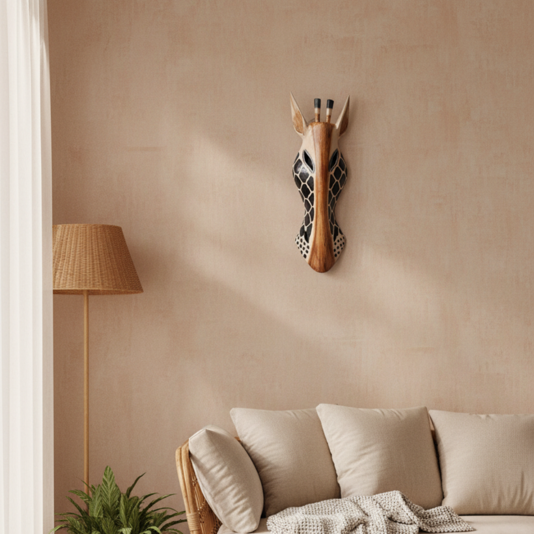 Hand-carved wooden giraffe head with black painted geometric pattern on a warm neutral wall