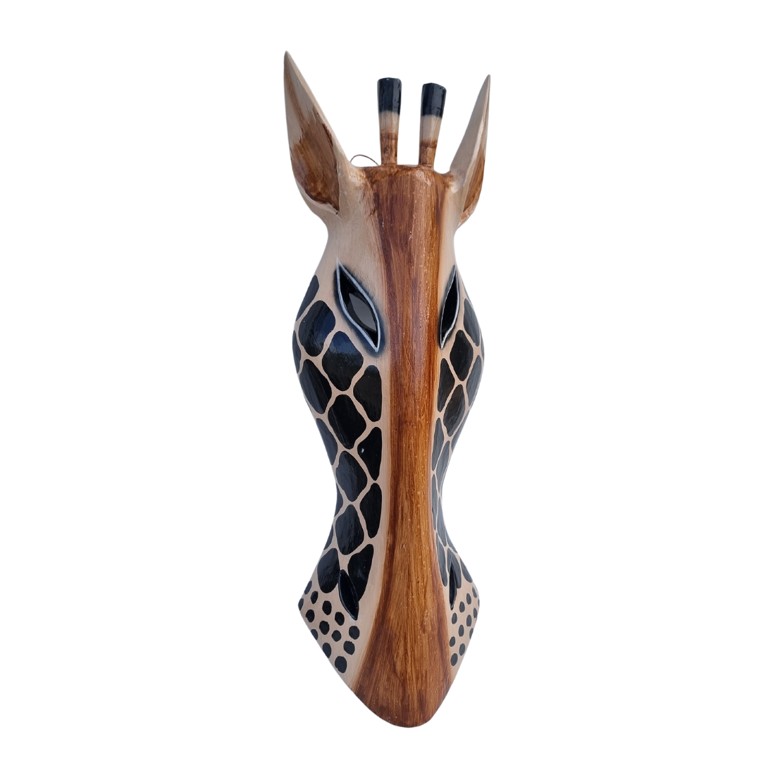 African-style wooden wall piece with black geometric spotted pattern, side profile view