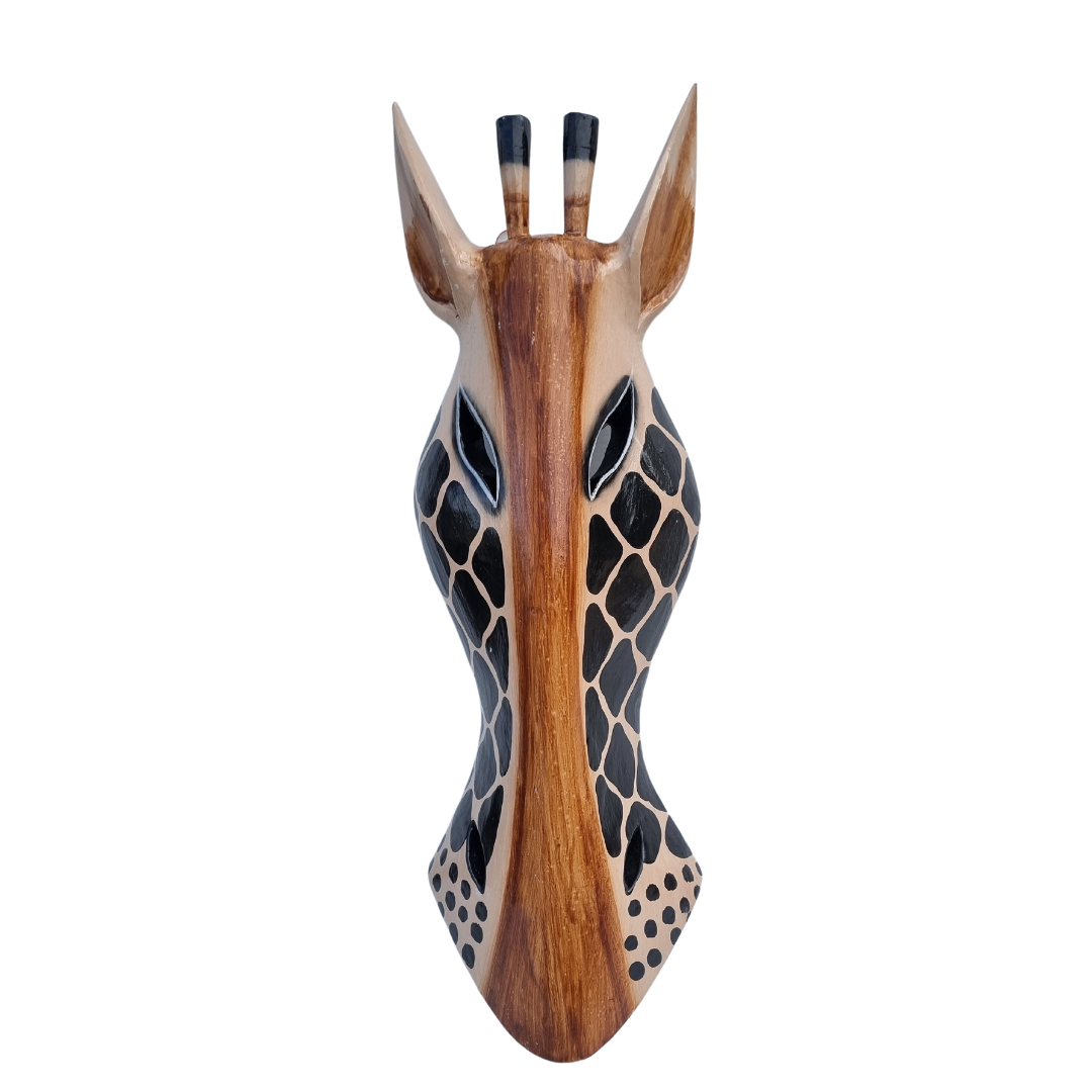Carved wooden animal mask with warm timber grain detail on white background