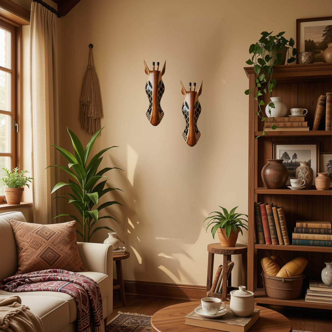 Giraffe Mask Wooden Wall Art hanging on a neutral textured wall with rattan and linen decor