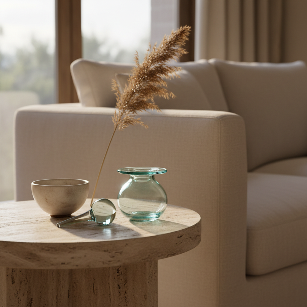 Handcrafted tinted vessel on a travertine side table beside a linen sofa
