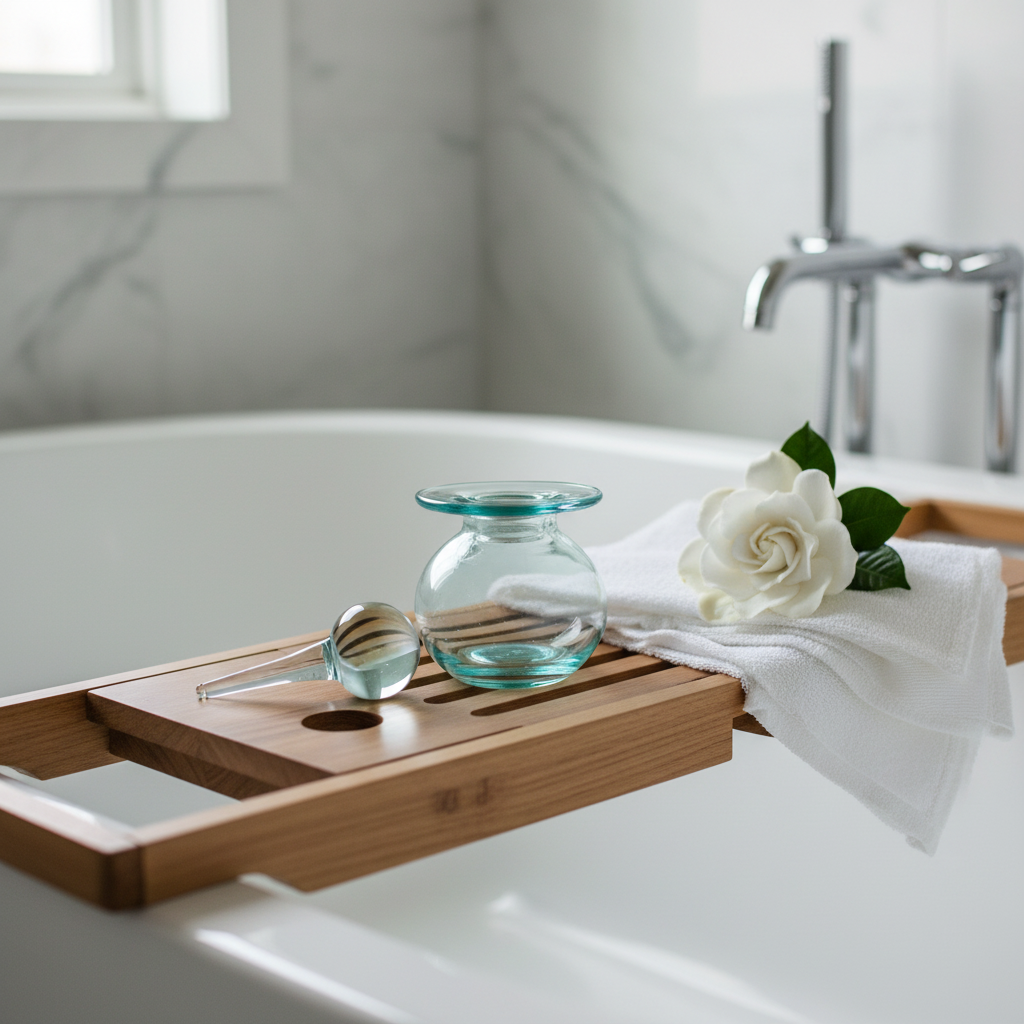 Aqua glass bottle with dipping lid on a teak bath caddy in a spa bathroom setting