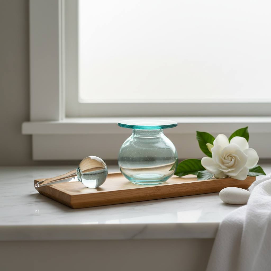 Aqua glass bottle on a teak tray with white gardenia and linen on a stone countertop