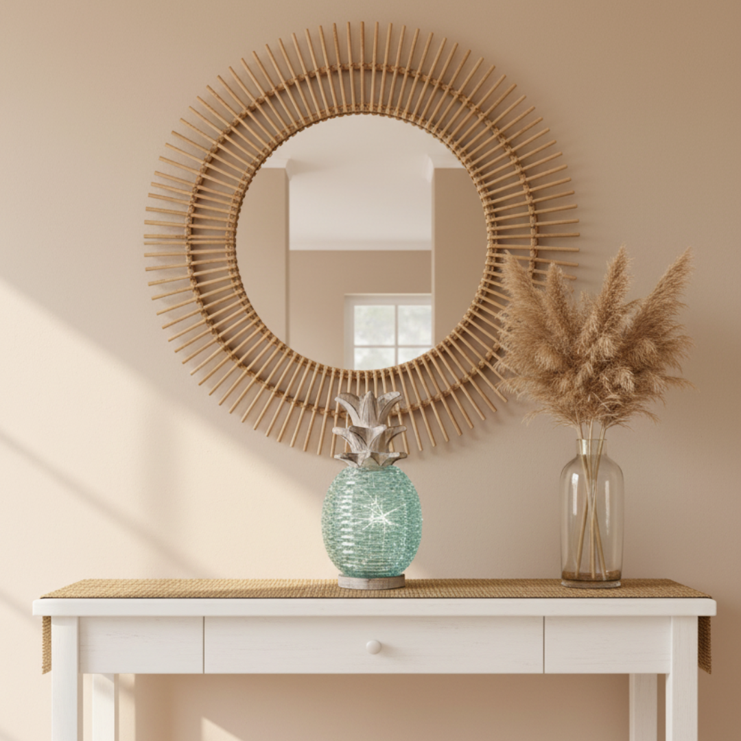 Large glass pineapple boho décor piece on white console table styled with rattan mirror and pampas grass