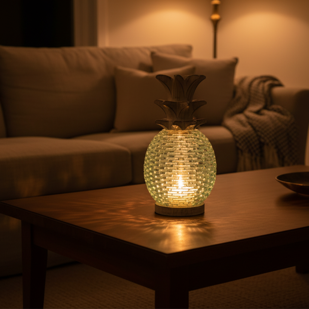 Decorative lamp shaped like a pineapple on a wooden table in a dimly lit living room.