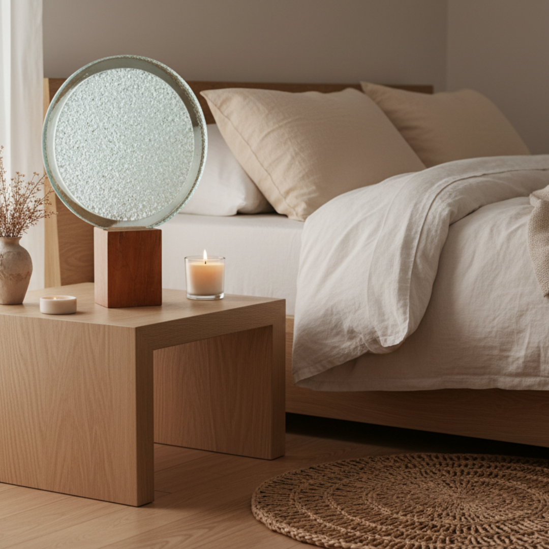 Circular clear disc on timber block base beside a lit candle and dried botanicals on a bedside table in a serene neutral bedroom