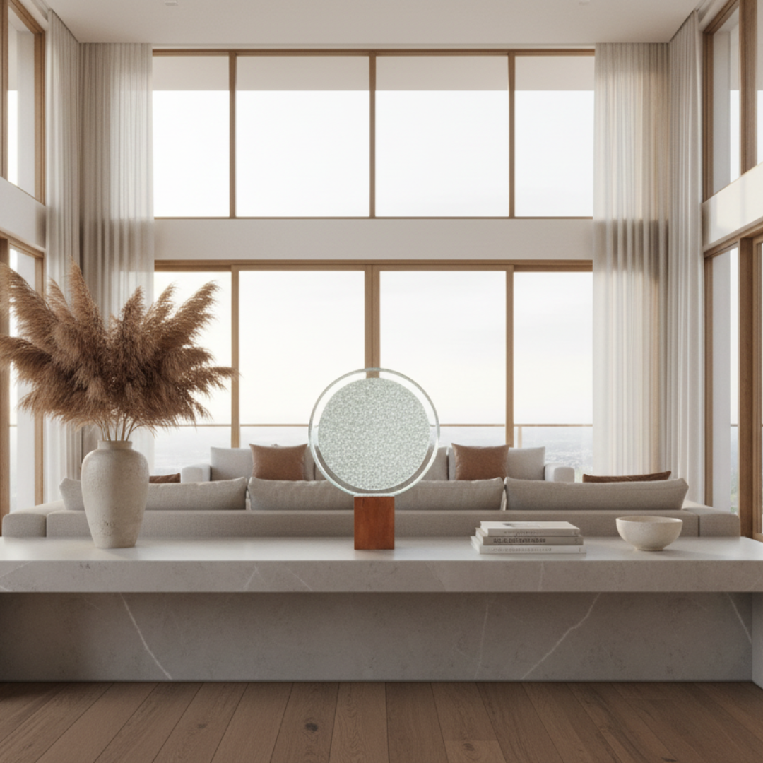 Circular clear disc on timber base centred on a marble console in a bright high-ceiling living room with floor-to-ceiling windows and pampas grass