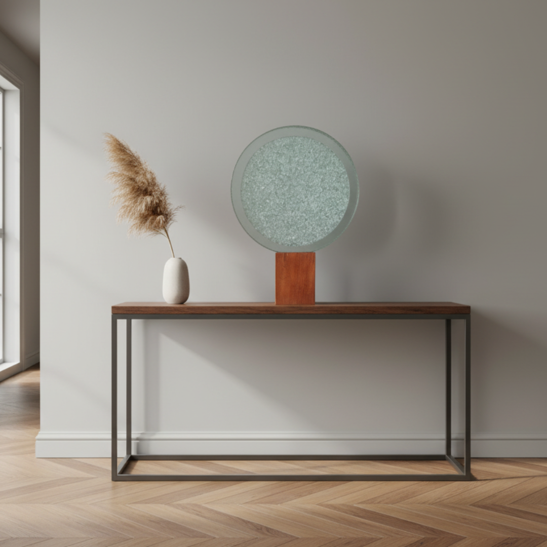 Circular clear disc on timber block base on a slim dark metal console in a modern entryway with herringbone timber floor and pampas stem
