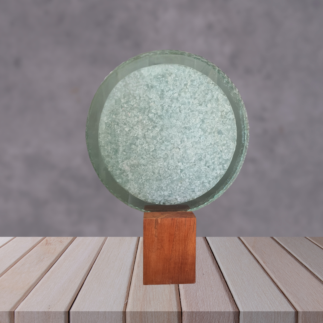 Glass Art Piece – Textured Circle Design with Wooden Stand