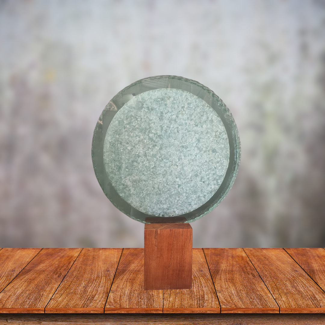 Glass Art Piece – Textured Circle Design with Wooden Stand