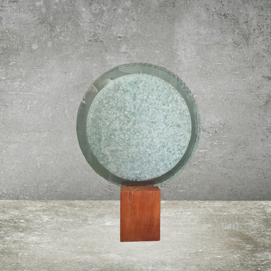 Glass Art Piece – Textured Circle Design with Wooden Stand