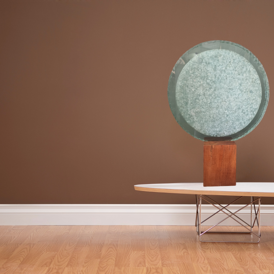 Glass Art Piece – Textured Circle Design with Wooden Stand